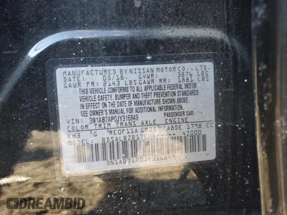 2018 Nissan Sentra S with VIN 3N1AB7AP0JY316849, listed as a Copart auction lot 41911685 with 106,384 mi miles and Salvage Title. Bid and sale history available at carsss.com. Image 14.