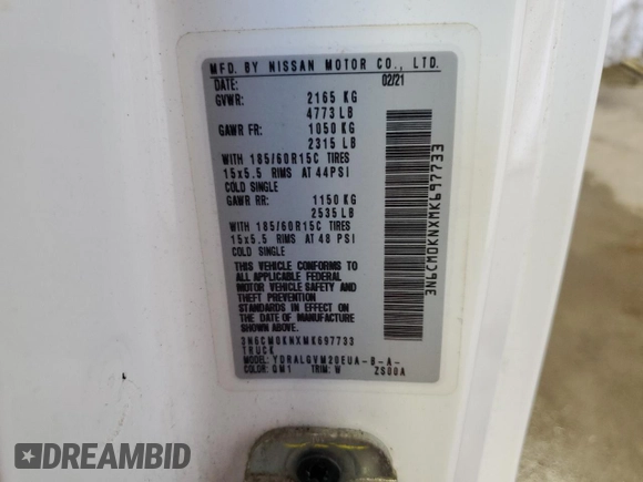2021 Nissan NV200 SV with VIN 3N6CM0KNXMK697733, listed as a Copart auction lot 64679755 with 84,165 mi miles and Salvage title. Bid and sale history available at DreamBid. Image 14.