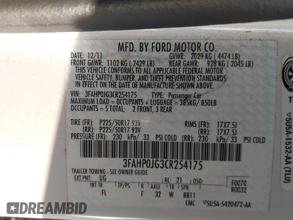 2012 Ford Fusion SEL with VIN 3FAHP0JG3CR254175, listed as a IAAI auction lot 41459968 with 191,831 mi miles. Bid and sale history available at carsss.com. Image 9.