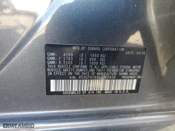 2019 Subaru Impreza Limited with VIN 4S3GTAT65K3725428, listed as a Copart auction lot 89129615 with 43,582 mi miles and Salvage Title. Bid and sale history available at carsss.com. Image 12.