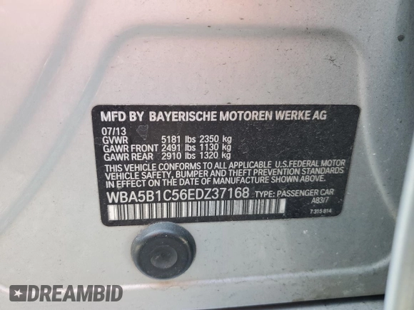 2014 BMW 5 Series 535i with VIN WBA5B1C56EDZ37168, listed as a Copart auction lot 42676905 with Not Provided miles and Salvage Title. Bid and sale history available at DreamBid. Image 13.