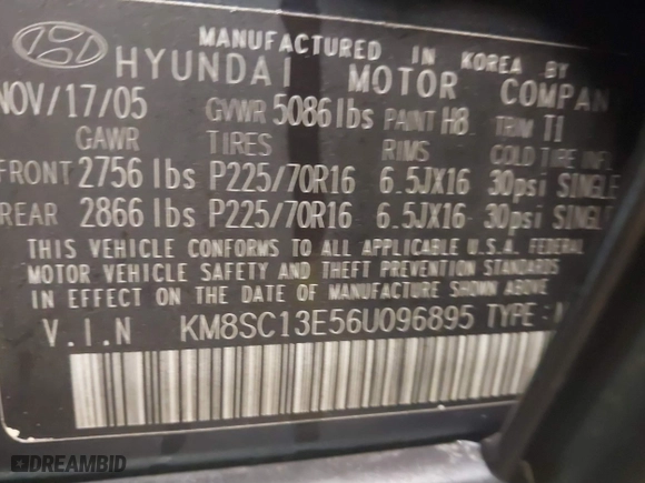 2006 Hyundai Santa Fe GLS with VIN KM8SC13E56U096895, listed as a IAAI auction lot 39109668 with 154,330 mi miles. Bid and sale history available at carsss.com. Image 9.