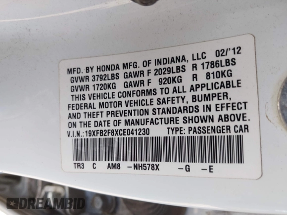 2012 Honda Civic EX with VIN 19XFB2F8XCE041230, listed as a IAAI auction lot 42142714 with 118,382 mi miles and . Bid and sale history available at DreamBid. Image 9.
