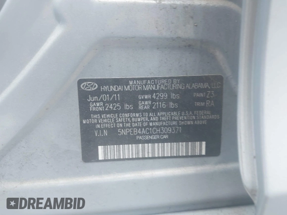 2012 Hyundai Sonata GLS with VIN 5NPEB4AC1CH309371, listed as a IAAI auction lot 42087721 with 178,210 mi miles. Bid and sale history available at carsss.com. Image 9.