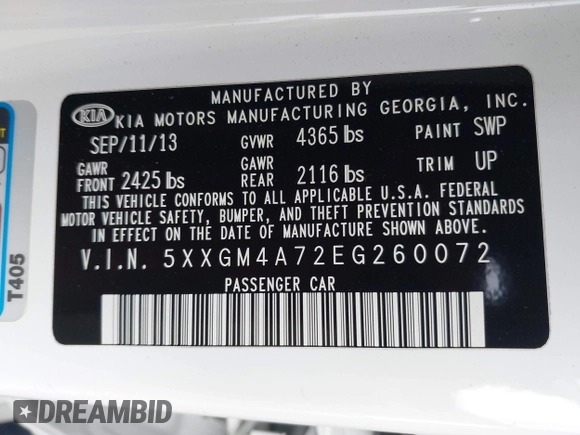 2014 Kia Optima LX with VIN 5XXGM4A72EG260072, listed as a IAAI auction lot 42109844 with 167,910 mi miles and . Bid and sale history available at carsss.com. Image 9.