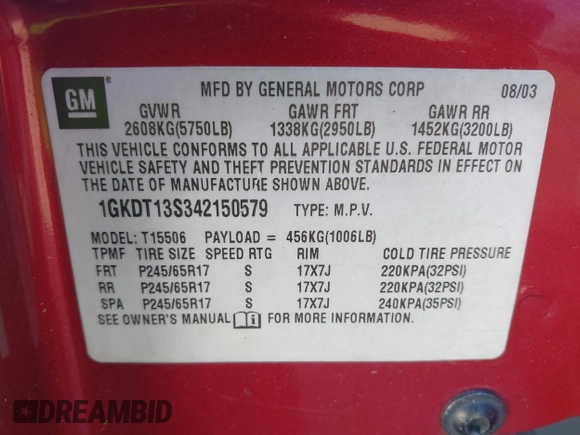 2004 GMC Envoy SLT with VIN 1GKDT13S342150579, listed as a IAAI auction lot 42055124 with 233,090 mi miles and . Bid and sale history available at DreamBid. Image 9.