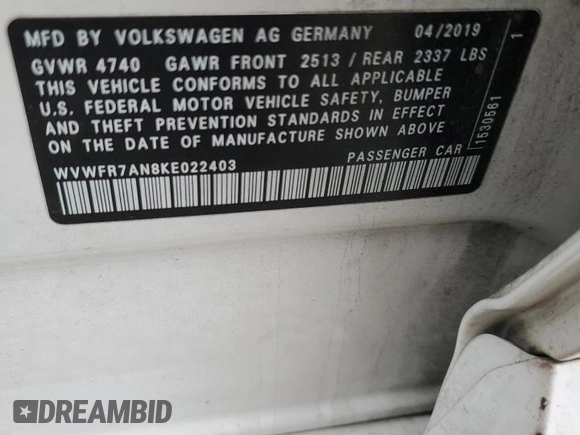 2019 Volkswagen Arteon SE R-Line with VIN WVWFR7AN8KE022403, listed as a Copart auction lot 71025353 with 49,391 mi miles and . Bid and sale history available at DreamBid. Image 15.