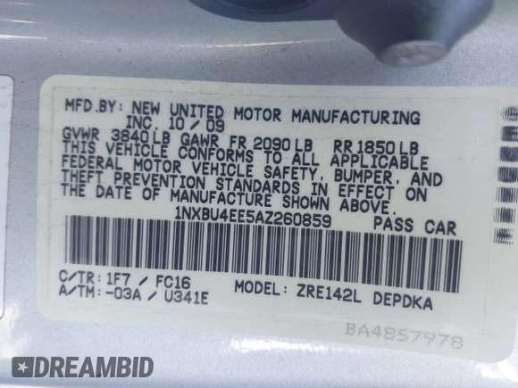2010 Toyota Corolla with VIN 1NXBU4EE5AZ260859, listed as a IAAI auction lot 41647848 with 129,074 mi miles and . Bid and sale history available at DreamBid. Image 9.