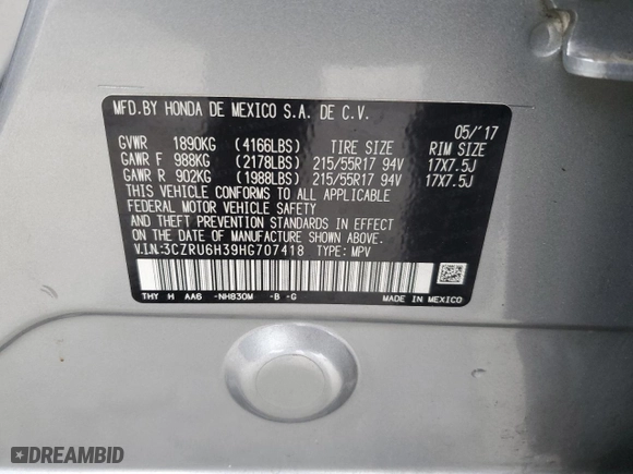 2017 Honda HR-V LX with VIN 3CZRU6H39HG707418, listed as a Copart auction lot 42827495 with 54,130 mi miles and Salvage Title. Bid and sale history available at carsss.com. Image 14.