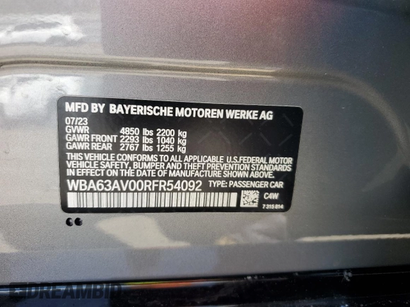 2024 BMW 4 Series 430i with VIN WBA63AV00RFR54092, listed as a Copart auction lot 53495545 with 32,212 mi miles and Salvage title. Bid and sale history available at DreamBid. Image 12.