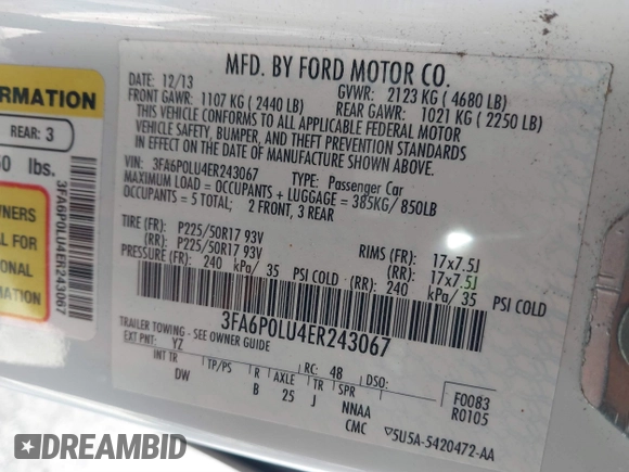 2014 Ford Fusion SE Hybrid with VIN 3FA6P0LU4ER243067, listed as a IAAI auction lot 41378720 with 129,625 mi miles. Bid and sale history available at carsss.com. Image 9.