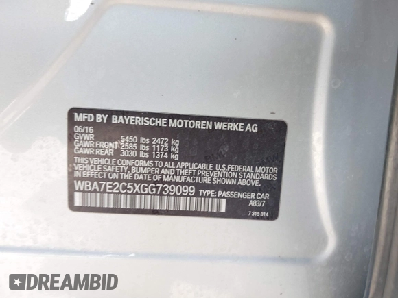 2016 BMW 7 Series 740i with VIN WBA7E2C5XGG739099, listed as a IAAI auction lot 41526038 with 123,900 mi miles. Bid and sale history available at carsss.com. Image 9.