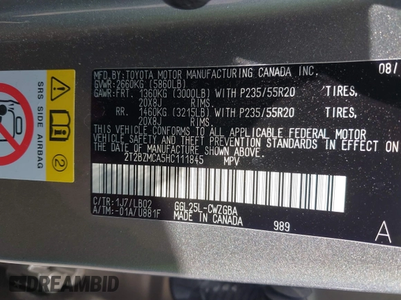 2017 Lexus RX 350 with VIN 2T2BZMCA5HC111845, listed as a IAAI auction lot 42551053 with 64,041 mi miles and . Bid and sale history available at DreamBid. Image 9.
