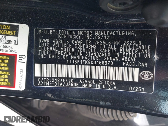 2012 Toyota Camry L with VIN 4T1BF1FK8CU168970, listed as a IAAI auction lot 42068072 with 281,835 mi miles and . Bid and sale history available at DreamBid. Image 9.