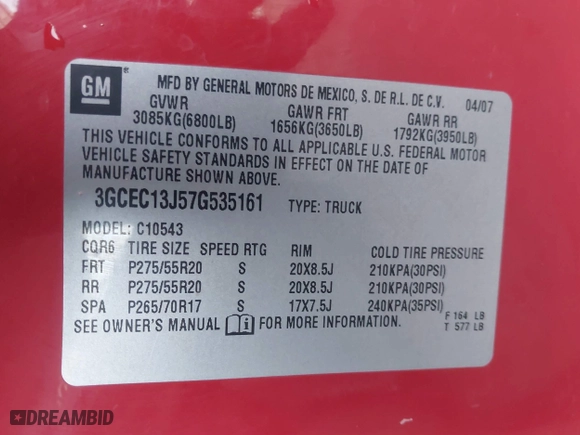 2007 Chevrolet Silverado 1500 LT w/1LT with VIN 3GCEC13J57G535161, listed as a IAAI auction lot 41282921 with 1 mi miles. Bid and sale history available at carsss.com. Image 9.