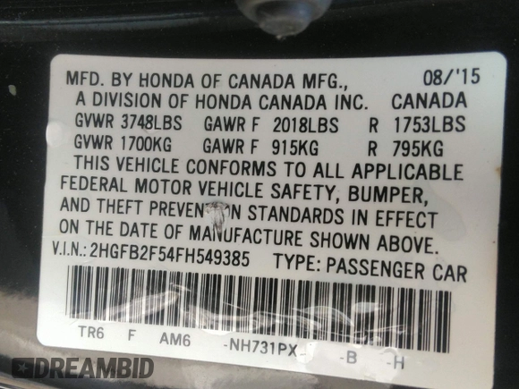 2015 Honda Civic LX with VIN 2HGFB2F54FH549385, listed as a IAAI auction lot 42123750 with 132,500 mi miles and . Bid and sale history available at DreamBid. Image 9.
