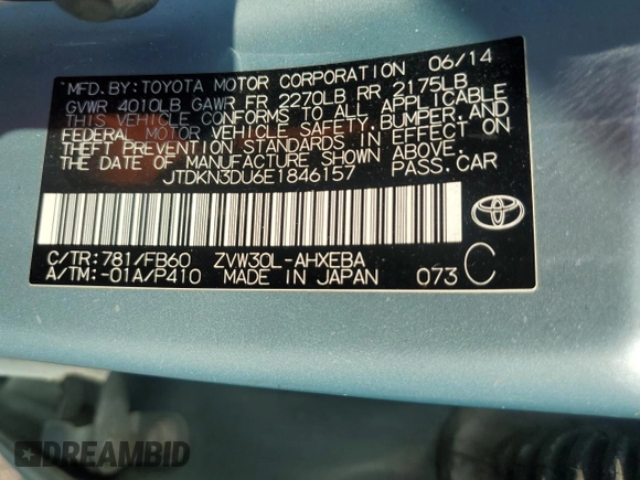 2014 Toyota Prius Four with VIN JTDKN3DU6E1846157, listed as a Copart auction lot 63703765 with 154,957 mi miles and Clean title. Bid and sale history available at DreamBid. Image 12.