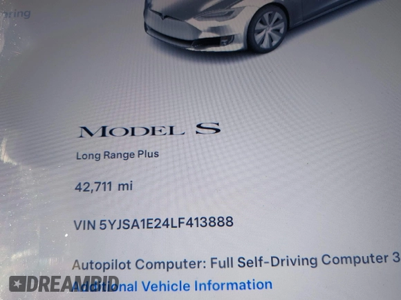 2020 Tesla Model S Long Range with VIN 5YJSA1E24LF413888, listed as a IAAI auction lot 41214903 with 42,711 mi miles and . Bid and sale history available at DreamBid. Image 15.