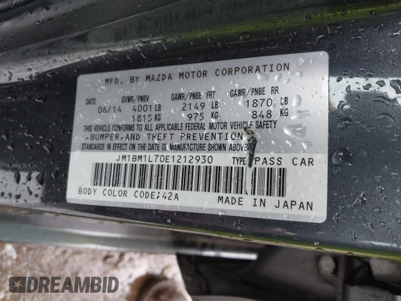 2014 Mazda 3 i Touring z VIN JM1BM1L70E1212930, wystawiony jako IAAI lot #42434348 z przebiegiem 107 209 mil mil oraz . Historia ofert i sprzedaży dostępna na DreamBid. Obrazek 9.