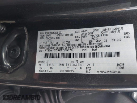 2019 Ford F-150 XL with VIN 1FTEW1C59KFD35078, listed as a IAAI auction lot 42340027 with 112,391 mi miles and . Bid and sale history available at DreamBid. Image 9.