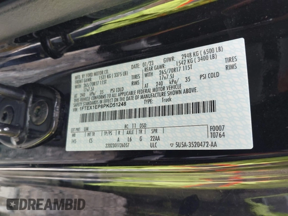 2023 Ford F-150 XL with VIN 1FTEX1EP8PKD51248, listed as a IAAI auction lot 42237097 with 90,886 mi miles and . Bid and sale history available at DreamBid. Image 9.
