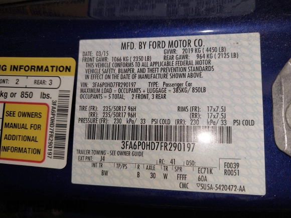 2015 Ford Fusion SE with VIN 3FA6P0HD7FR290197, listed as a IAAI auction lot 42531019 with 174,752 mi miles and . Bid and sale history available at DreamBid. Image 9.