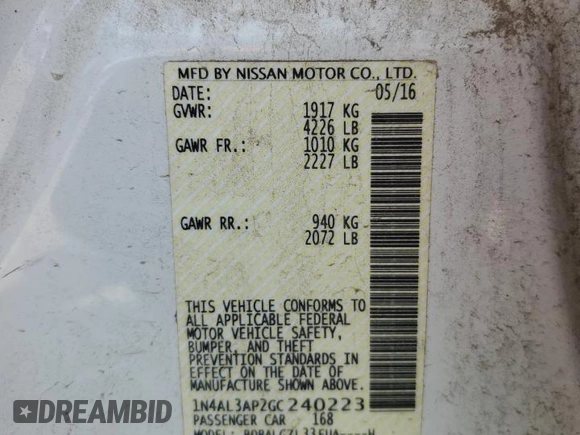 2016 Nissan Altima SR with VIN 1N4AL3AP2GC240223, listed as a Copart auction lot 47560675 with 157,308 mi miles and Salvage Title. Bid and sale history available at DreamBid. Image 13.