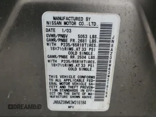 2003 Nissan Murano SL with VIN JN8AZ08W63W216184, listed as a Copart auction lot 49454375 with Not Provided miles and Salvage Title. Bid and sale history available at DreamBid. Image 14.