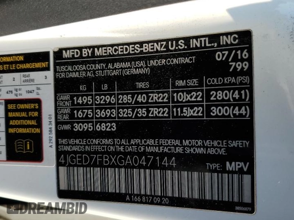 2016 Mercedes-Benz GLE 63 S AMG with VIN 4JGED7FBXGA047144, listed as a Copart auction lot 87331464 with 133,611 mi miles and Salvage title. Bid and sale history available at DreamBid. Image 15.