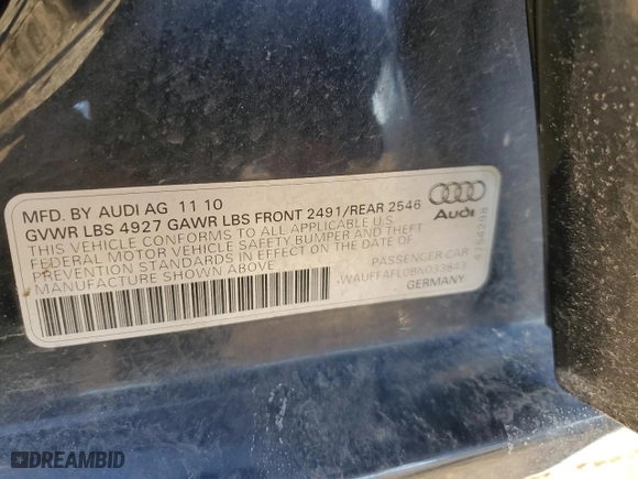 2011 Audi A4 2.0T Premium Plus with VIN WAUFFAFL0BN033843, listed as a Copart auction lot 43877895 with 62,586 mi miles and Salvage Title. Bid and sale history available at carsss.com. Image 14.