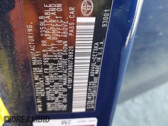 2011 Toyota Camry LE with VIN 4T1BF3EK9BU738826, listed as a Copart auction lot 60671645 with 179,906 mi miles and Salvage title. Bid and sale history available at DreamBid. Image 12.