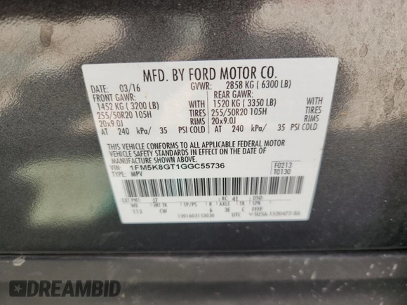 2016 Ford Explorer Sport with VIN 1FM5K8GT1GGC55736, listed as a Copart auction lot 62737955 with 104,413 mi miles and Non repairable. Bid and sale history available at DreamBid. Image 14.