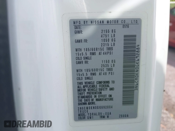 2016 Nissan NV200 S with VIN 3N6CM0KN0GK692884, listed as a IAAI auction lot 41499896 with 240,532 mi miles and . Bid and sale history available at DreamBid. Image 9.