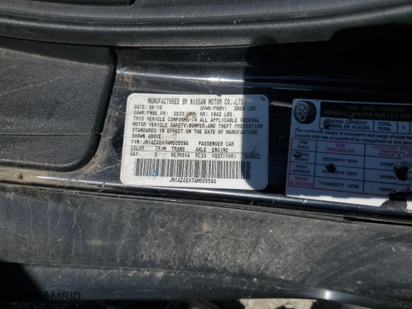 2010 Nissan 370Z with VIN JN1AZ4EH7AM505594, listed as a Copart auction lot 69743734 with 0 mi miles and Salvage Title. Bid and sale history available at carsss.com. Image 12.