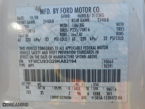 2009 Ford Escape XLT with VIN 1FMCU93G29KA82194, listed as a Copart auction lot 51934585 with 224,283 mi miles and Salvage Title. Bid and sale history available at carsss.com. Image 13.