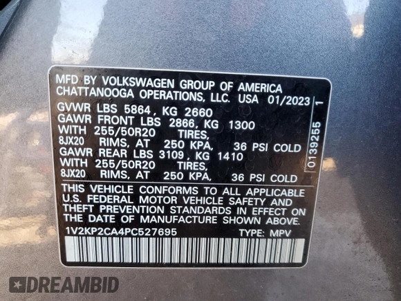 2023 Volkswagen Atlas SE with VIN 1V2KP2CA4PC527695, listed as a Copart auction lot 46023235 with 21,893 mi miles and Salvage title. Bid and sale history available at DreamBid. Image 12.