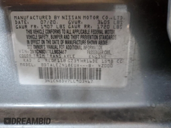 2020 Nissan Versa S with VIN 3N1CN8DV7LL903467, listed as a Copart auction lot 61682215 with 71,340 mi miles and Salvage title. Bid and sale history available at DreamBid. Image 13.