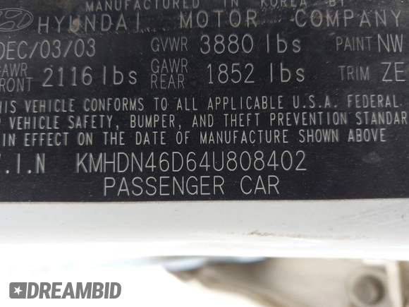 2004 Hyundai Elantra GLS z VIN KMHDN46D64U808402, wystawiony jako IAAI lot #42341726 z przebiegiem Nie podano mil oraz . Historia ofert i sprzedaży dostępna na DreamBid. Obrazek 9.