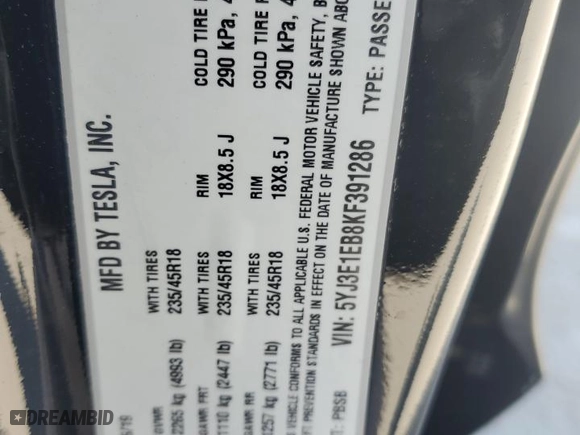 2019 Tesla Model 3 Long Range with VIN 5YJ3E1EB8KF391286, listed as a Copart auction lot 52175035 with 25,384 mi miles and Salvage Title. Bid and sale history available at carsss.com. Image 13.