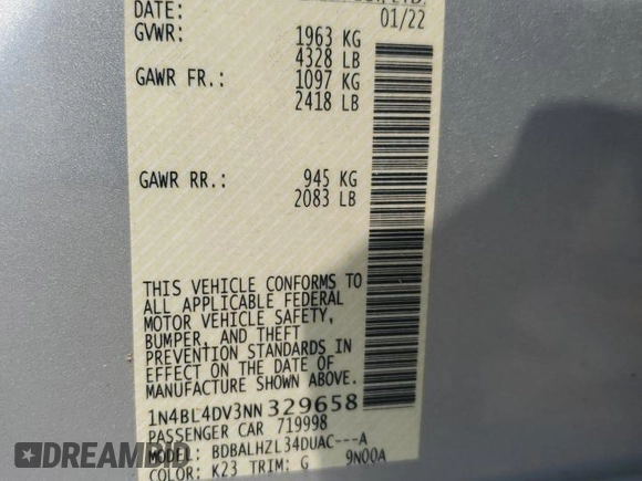 2022 Nissan Altima SV z VIN 1N4BL4DV3NN329658, wystawiony jako Copart lot #54952755 z przebiegiem 26 364 mil mil oraz Szkoda całkowita • Salvage title. Historia ofert i sprzedaży dostępna na DreamBid. Obrazek 13.