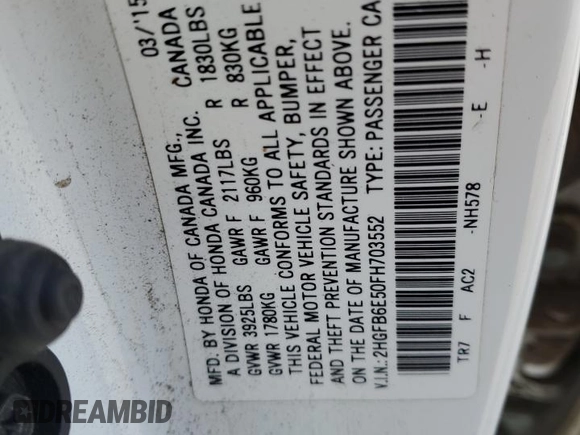 2015 Honda Civic Si with VIN 2HGFB6E50FH703552, listed as a Copart auction lot 57911915 with 104,489 mi miles and Salvage title. Bid and sale history available at DreamBid. Image 13.