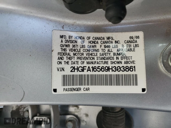 2009 Honda Civic LX z VIN 2HGFA16569H303861, wystawiony jako Copart lot #53148385 z przebiegiem 164 179 mil mil oraz Szkoda całkowita • Salvage title. Historia ofert i sprzedaży dostępna na DreamBid. Obrazek 13.