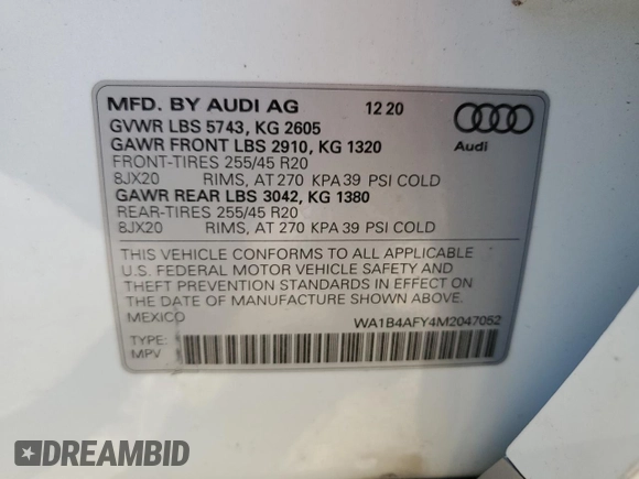 2021 Audi SQ5 Premium Plus with VIN WA1B4AFY4M2047052, listed as a Copart auction lot 78145574 with 28,672 mi miles and Salvage Title. Bid and sale history available at DreamBid. Image 15.