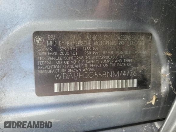 2011 BMW 3 Series 328i with VIN WBAPH5G55BNM74776, listed as a Copart auction lot 57993625 with Not provided miles and Clean title. Bid and sale history available at DreamBid. Image 13.