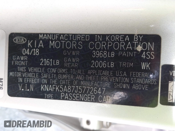 2018 Kia Forte5 LX with VIN KNAFK5A87J5772647, listed as a IAAI auction lot 42003515 with 72,361 mi miles. Bid and sale history available at carsss.com. Image 9.