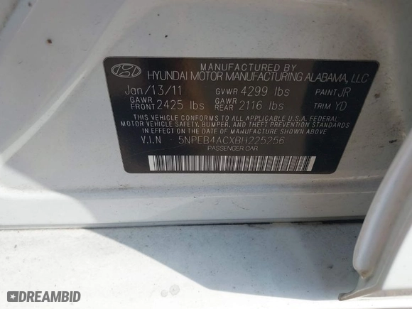 2011 Hyundai Sonata GLS with VIN 5NPEB4ACXBH225256, listed as a IAAI auction lot 41941884 with 1 mi miles. Bid and sale history available at carsss.com. Image 9.