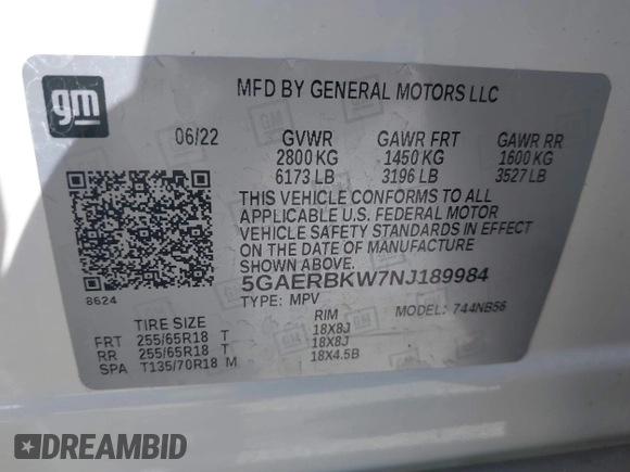 2022 Buick Enclave Essence with VIN 5GAERBKW7NJ189984, listed as a IAAI auction lot 41711552 with 83,295 mi miles. Bid and sale history available at carsss.com. Image 9.
