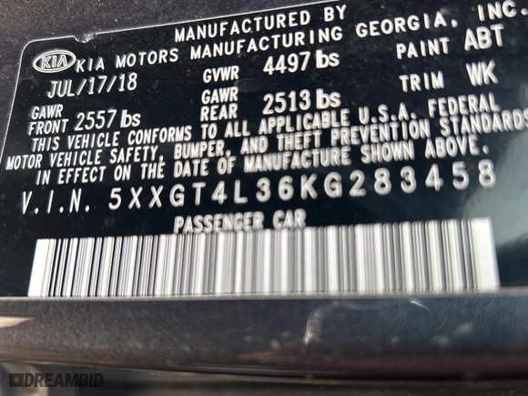 2019 Kia Optima LX with VIN 5XXGT4L36KG283458, listed as a Copart auction lot 54631745 with 95,676 mi miles and Salvage Title. Bid and sale history available at carsss.com. Image 10.