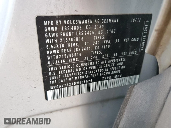 2013 Volkswagen Tiguan S with VIN WVGAV7AX4DW555526, listed as a Copart auction lot 44681755 with 156,488 mi miles and Salvage title. Bid and sale history available at DreamBid. Image 13.