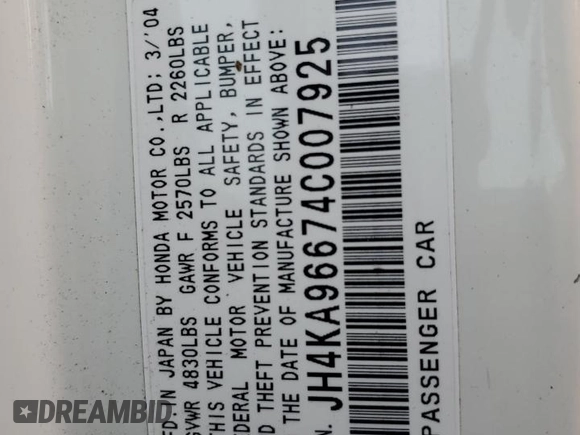 2004 Acura RL w/Navigation System z VIN JH4KA96674C007925, wystawiony jako Copart lot #56732645 z przebiegiem 188 312 mil mil oraz Szkoda całkowita • Salvage title. Historia ofert i sprzedaży dostępna na DreamBid. Obrazek 12.